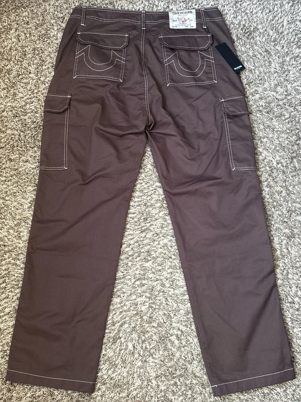 True Religion Men's Brown Cargo Pants with Contrast Stitching
